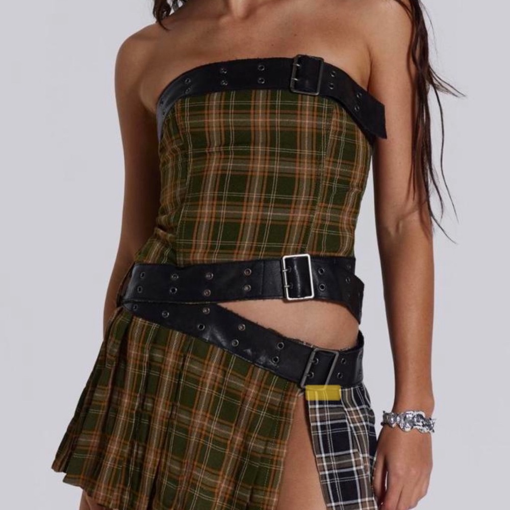 NWT Jaded London Eden Buckle Mini Dress in Multi Plaid